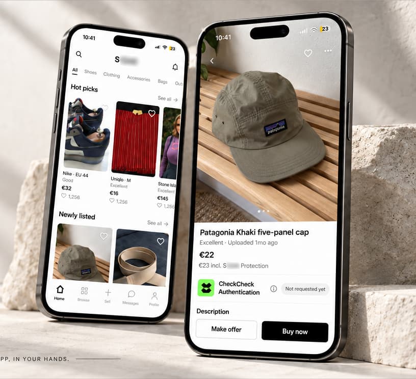 SOLED app preview: the discovery feed with Nike shoes, beside a Patagonia khaki five-panel cap listing, presented on two phones in a pale stone setting.